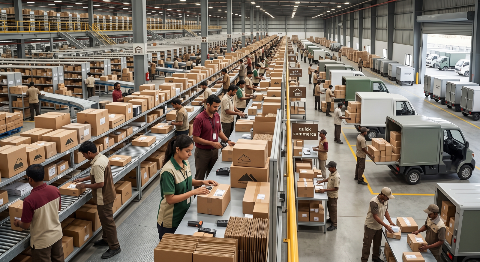 warehouse associates sorting parcels inside ecommerce fulfilment centre