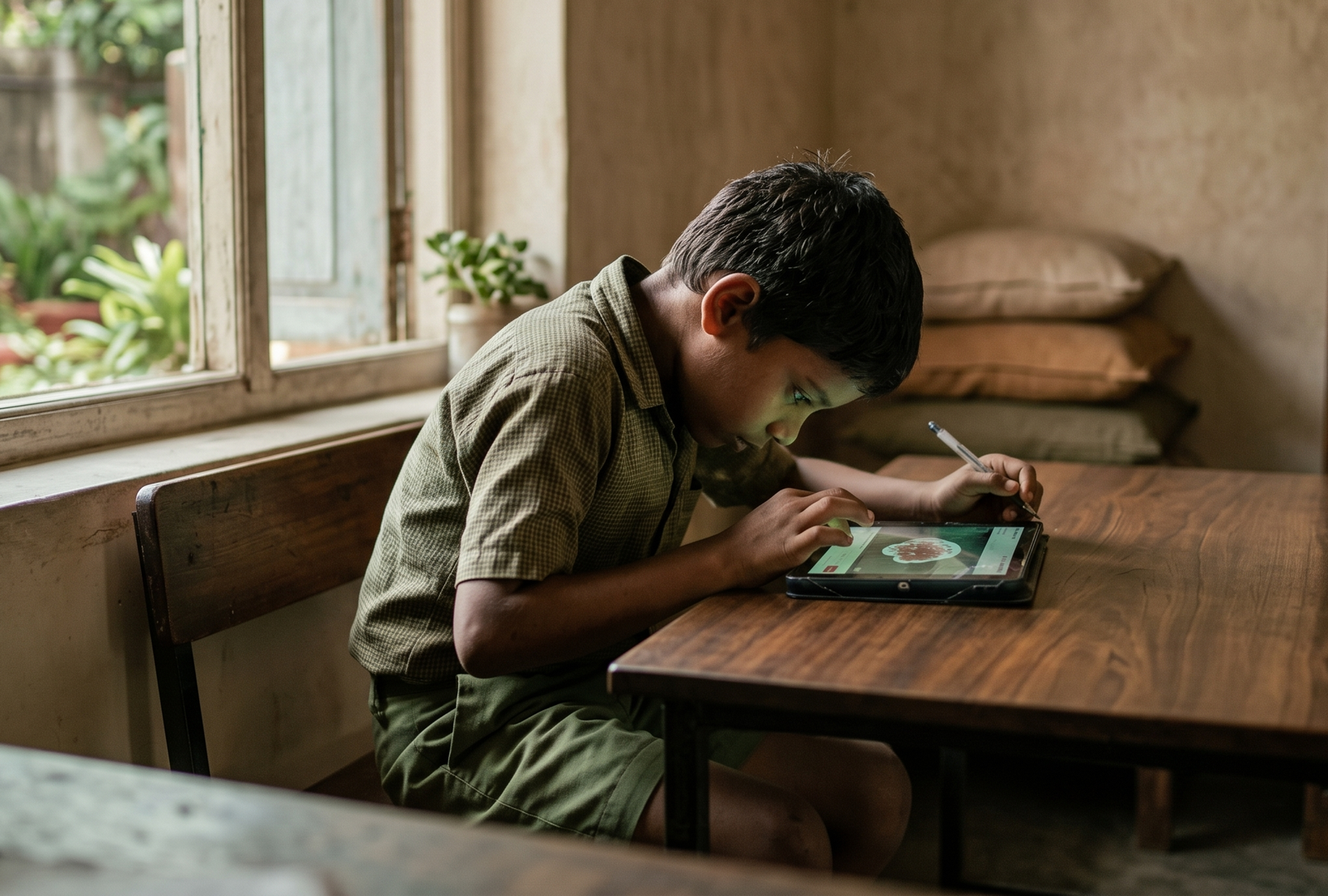 child using smartphone with poor posture leading to neck and spine issues.
